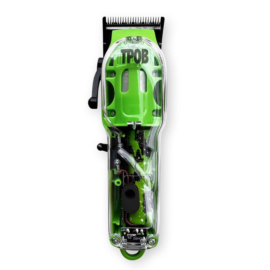 TPOB green hair clipper with transparent blade cover and black motor housing