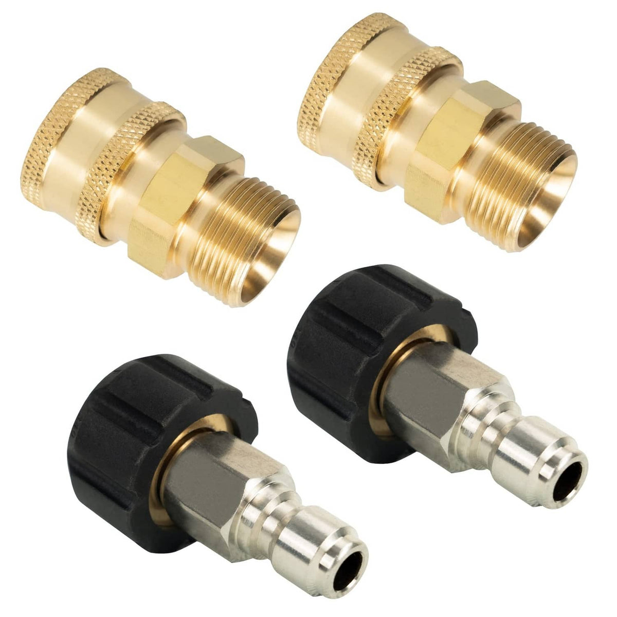 Brass pressure washer quick-connect fitting pair with black rubber grips and threaded ends