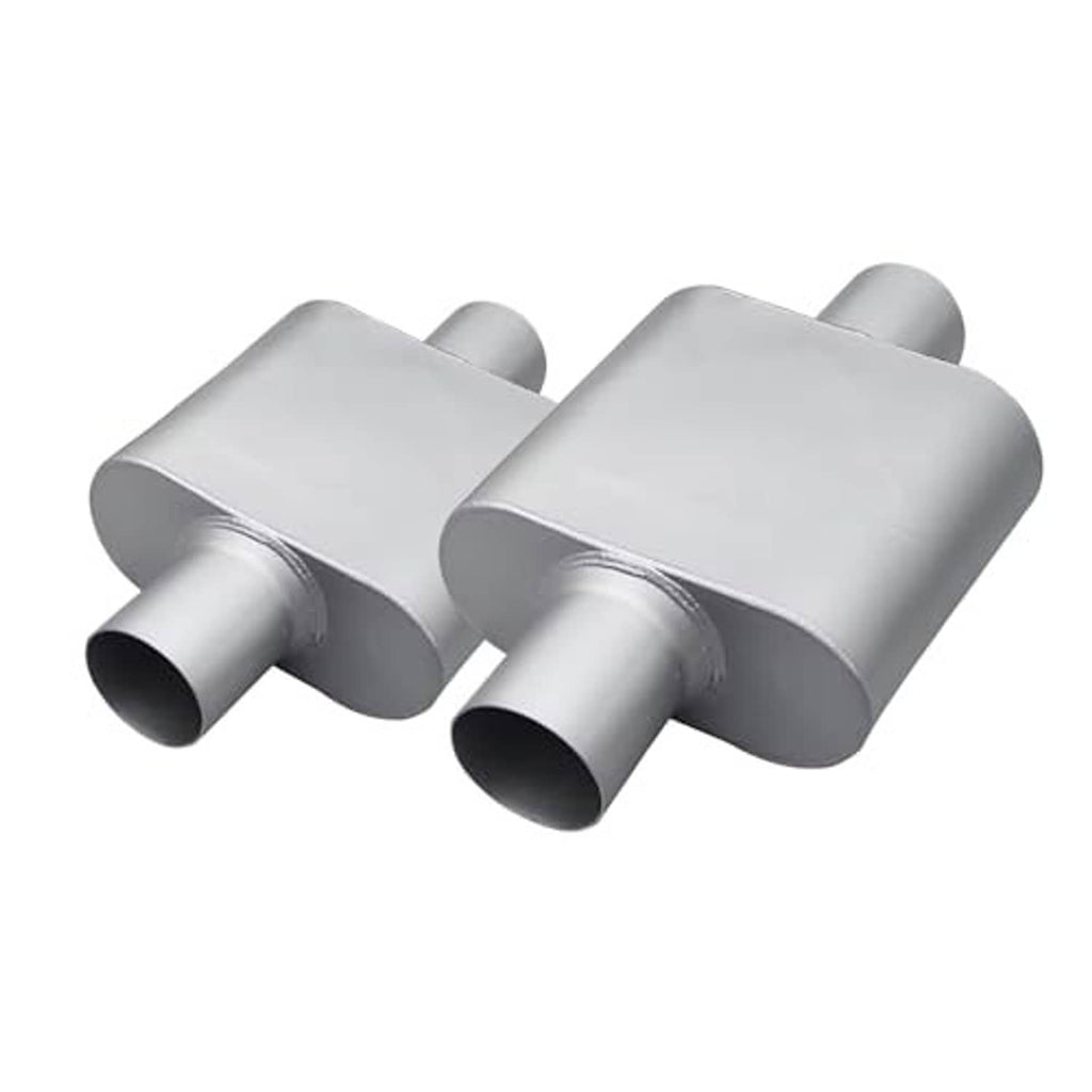 Silver single-chamber muffler pair with cylindrical inlet and outlet tubes