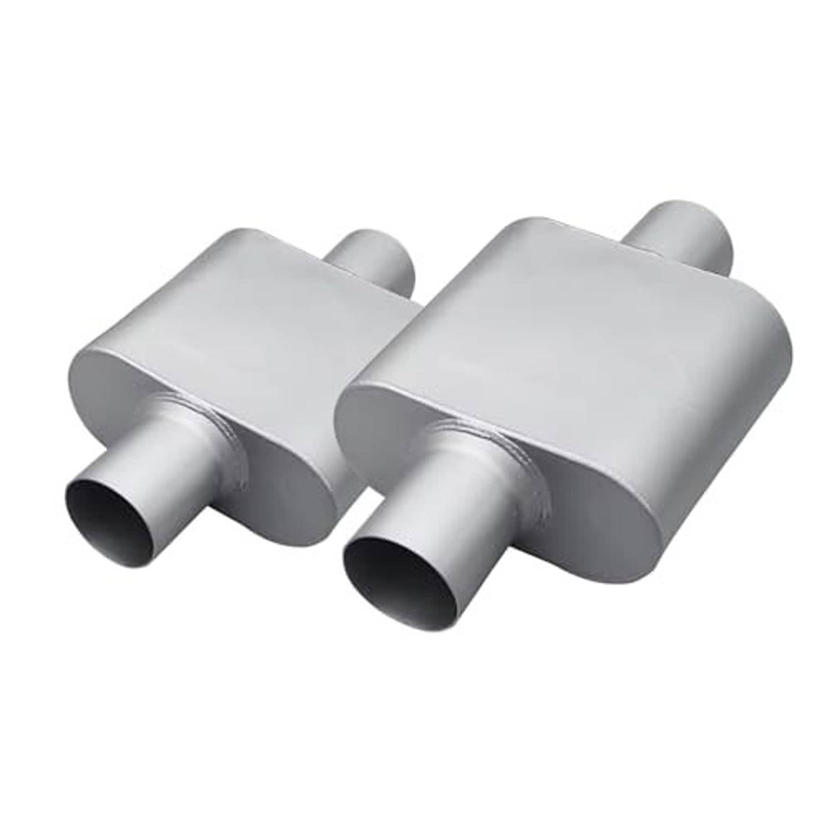 Silver single-chamber muffler pair with cylindrical inlet and outlet tubes