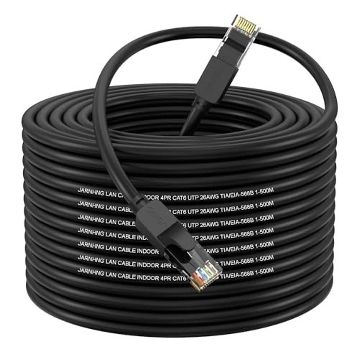 Coiled black Ethernet cable with one RJ45 connector plug, ready for network hookup.