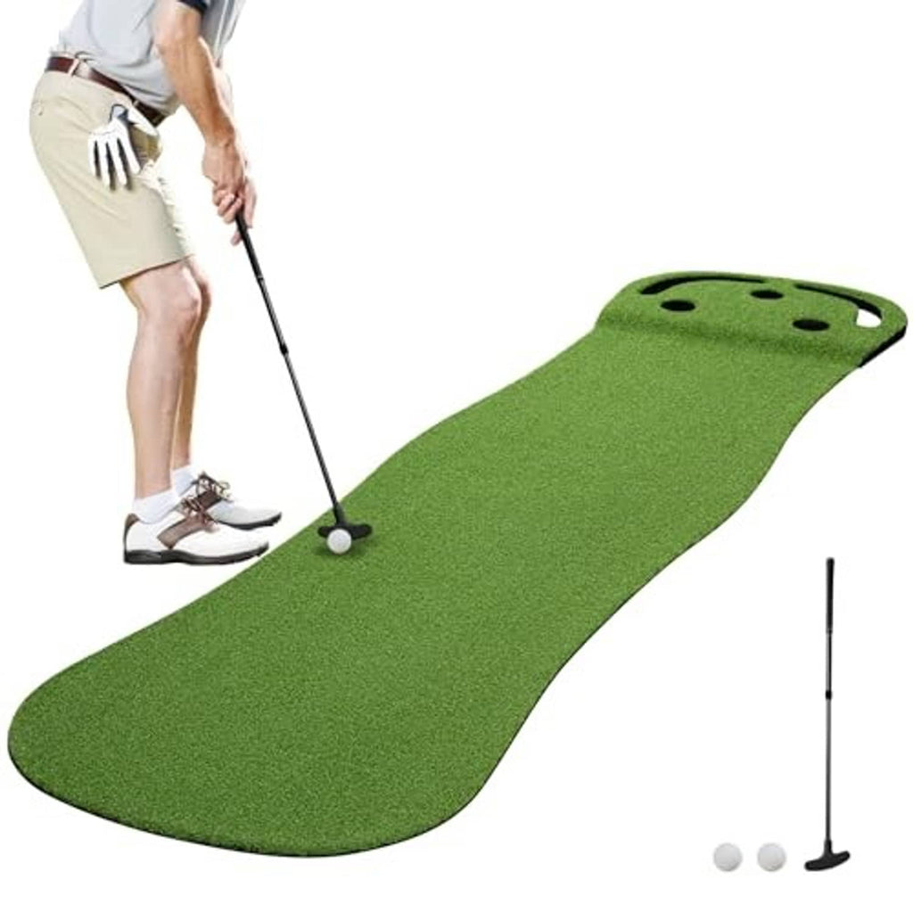 Green artificial turf putting green mat with cup holes, golfer putting stance