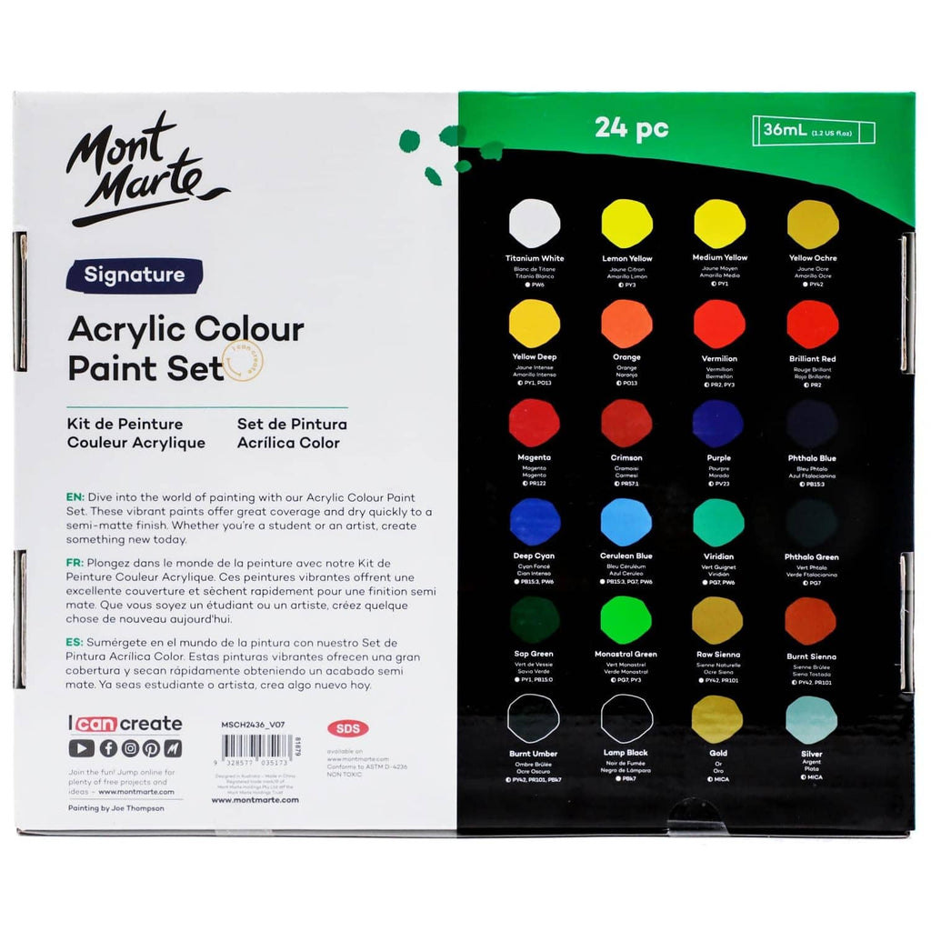 Acrylic paint set box back panel with a 24-color layout and shade names