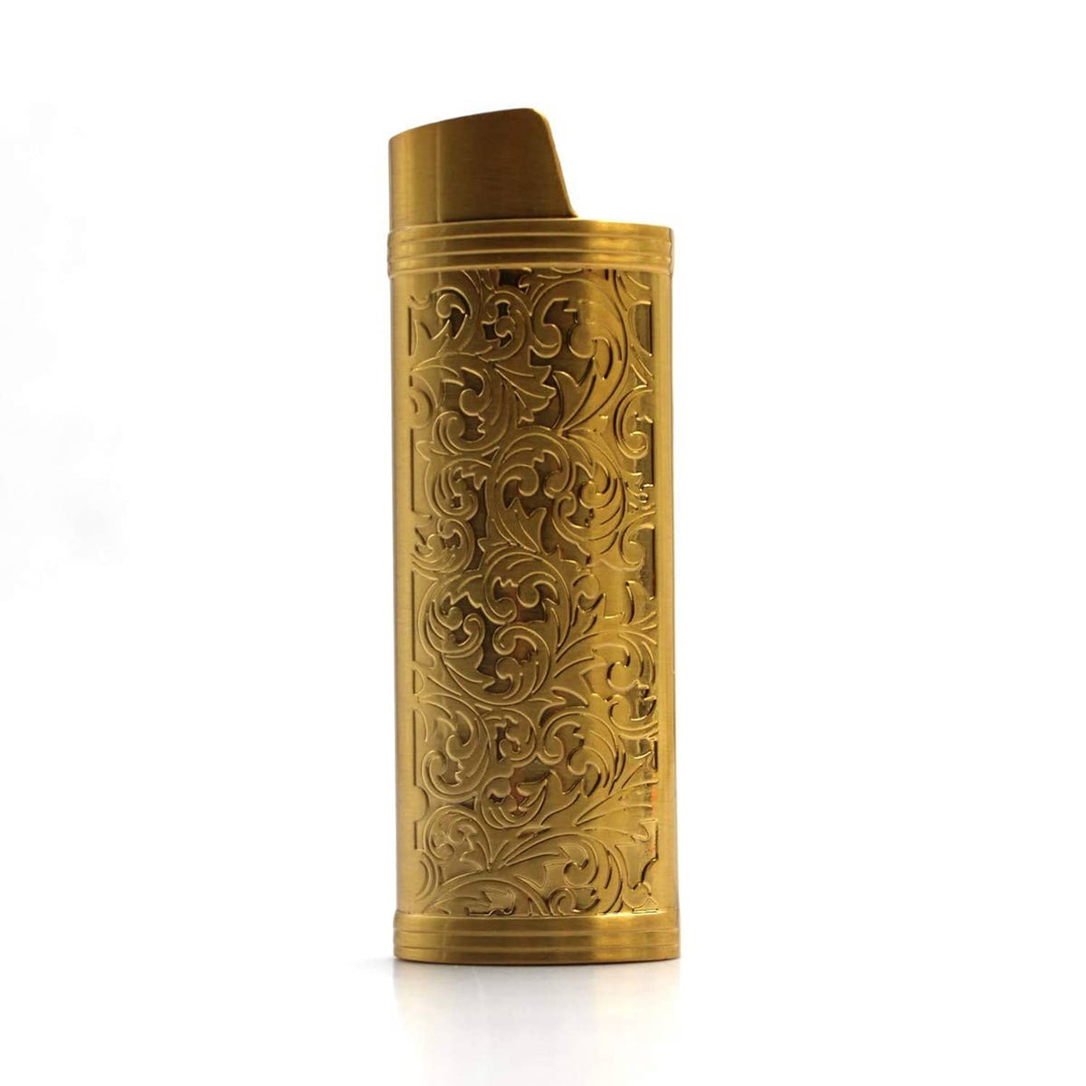 Gold metal lighter case with vintage floral embossing and textured flip top