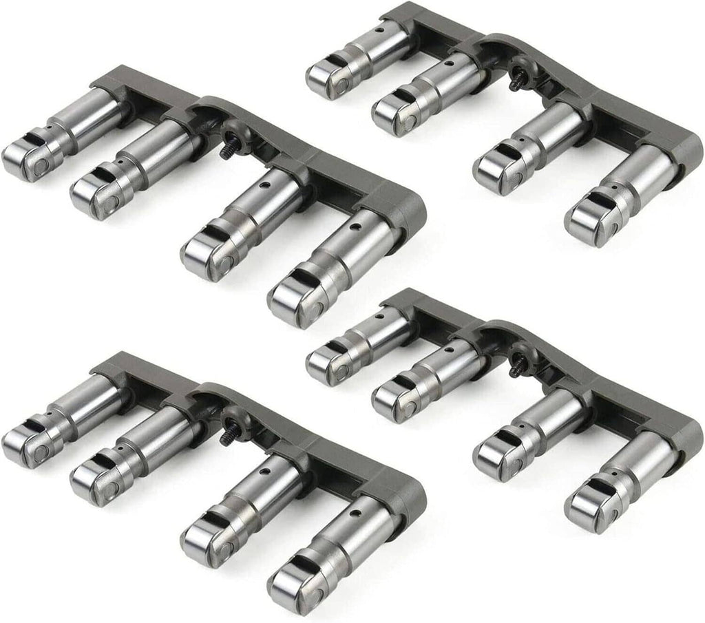 Hydraulic engine lifter set with polished metal plungers and black mounting tray