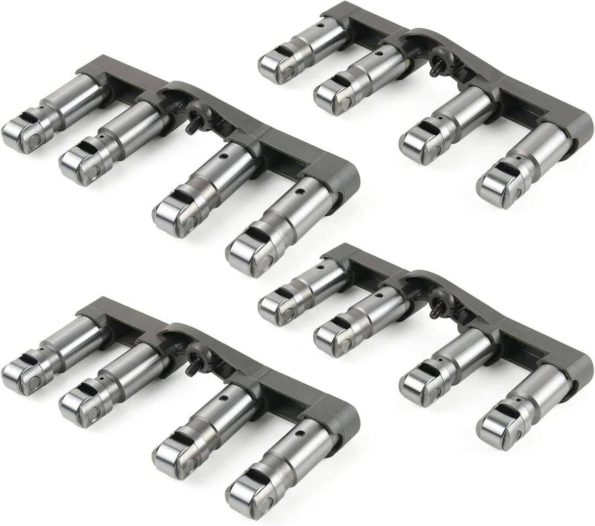 Hydraulic engine lifter set with polished metal plungers and black mounting tray