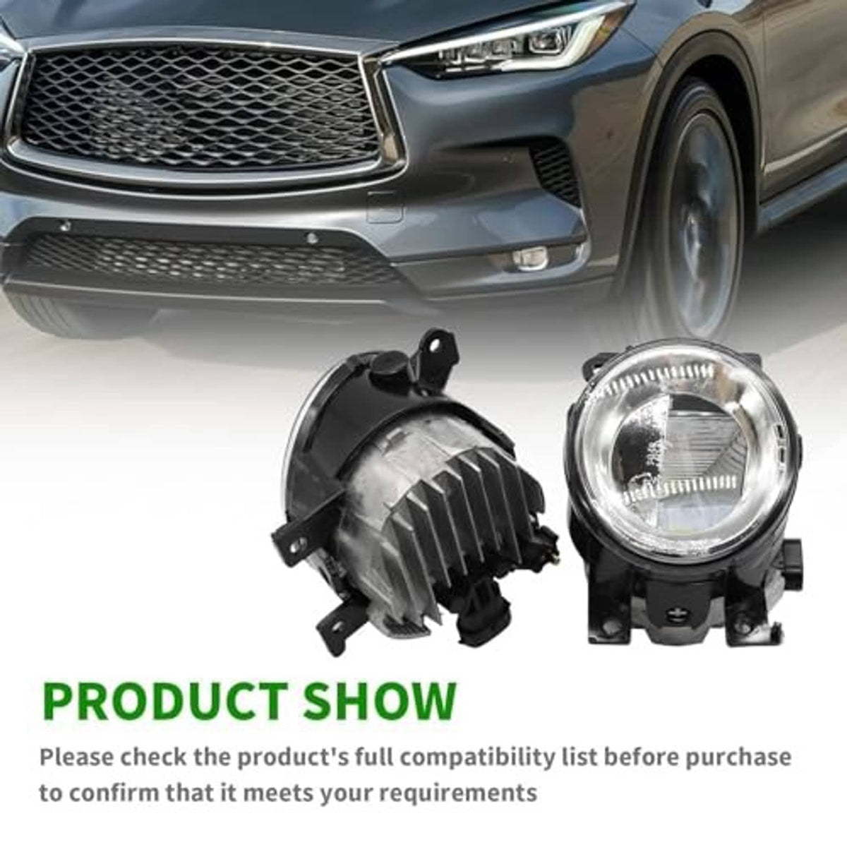 Fog light assembly pair: one installed on a front bumper, one loose lens unit