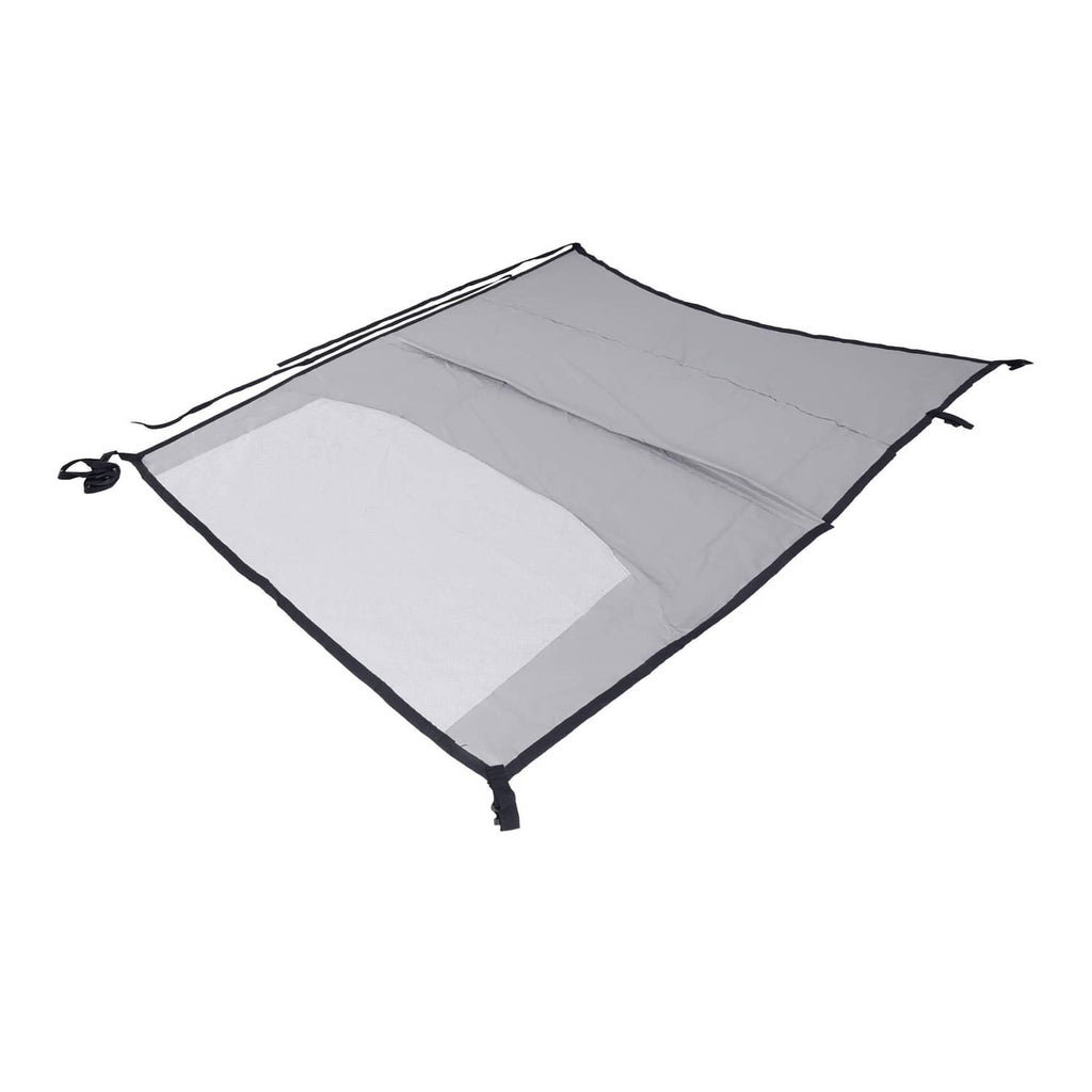 Gray and white canopy-style cover with black corner tie points and seams