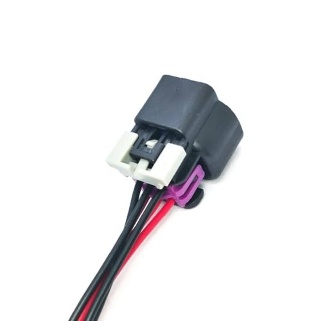 6-pin connector pigtail with black body, white latch, red/black wires and pink clips
