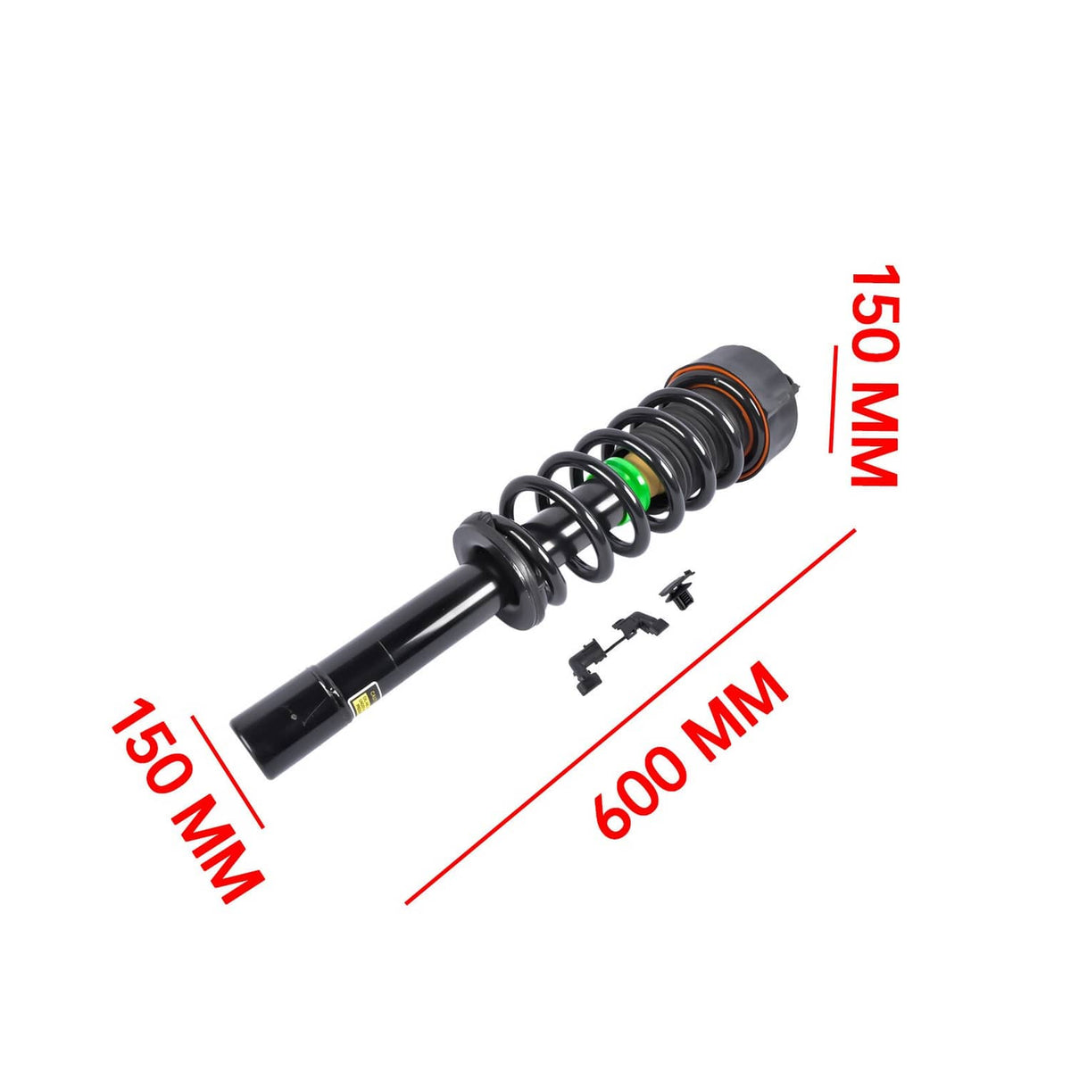 Single front shock strut with black coil spring, orange band, and labeled measurements
