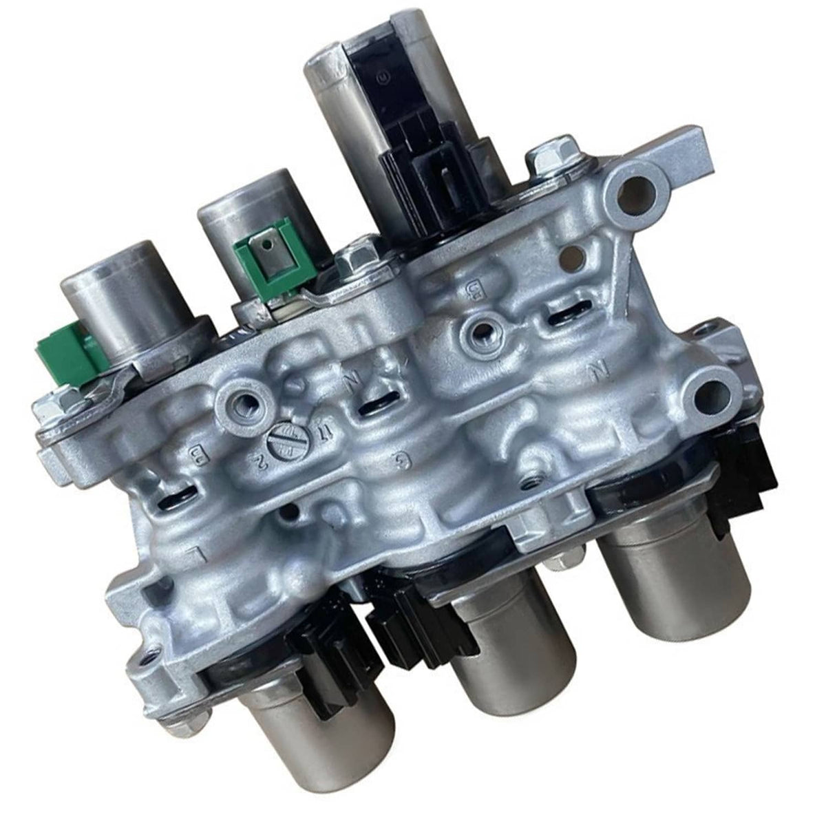 Transmission solenoid block assembly angled view, silver body with green sensor blocks