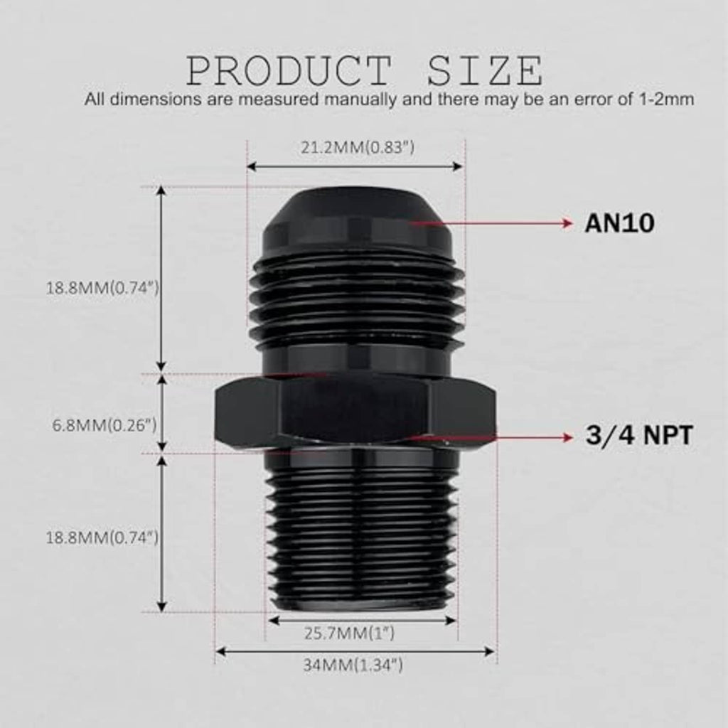 Black AN10 to 3/4 NPT connector size diagram, male flare and NPT ends