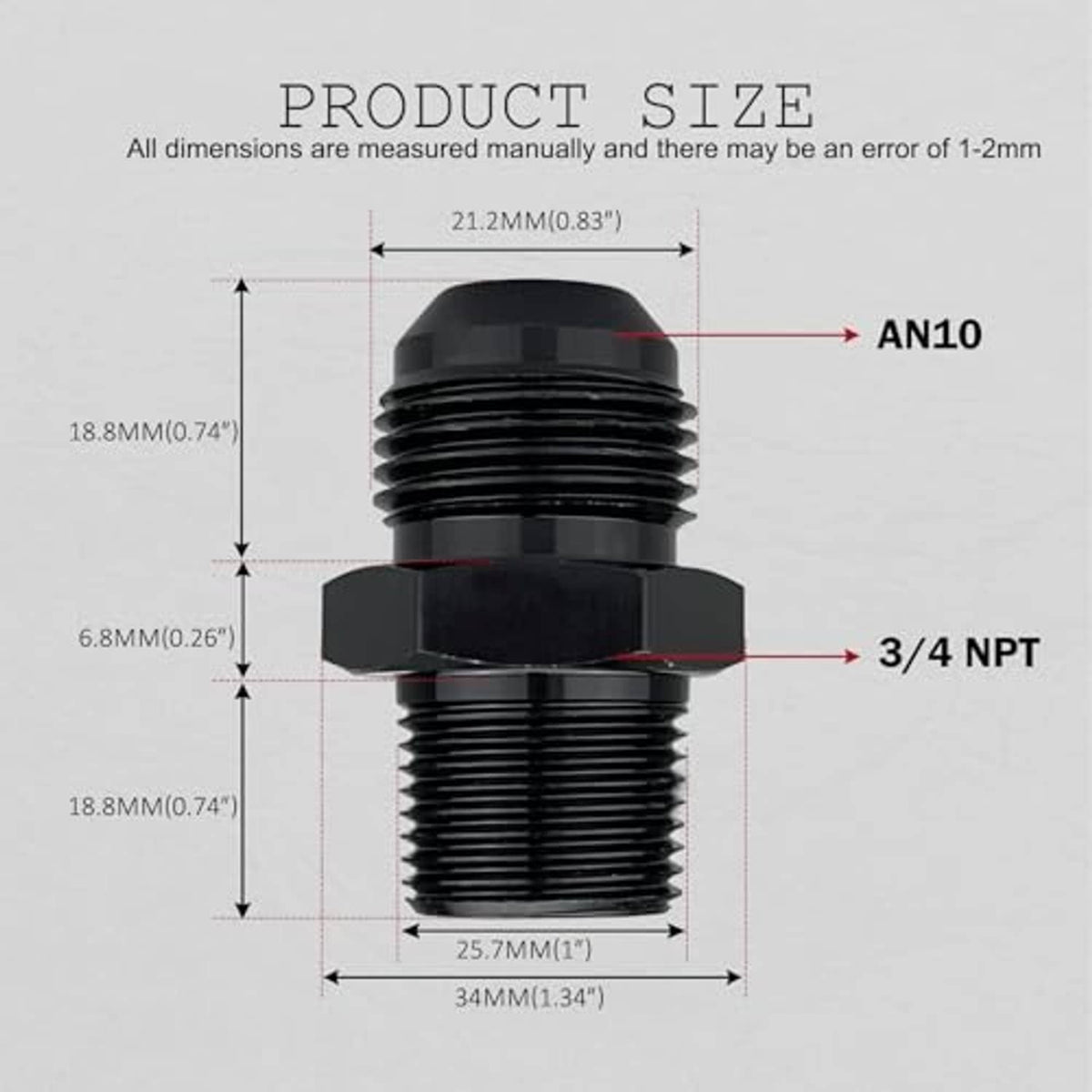 Black AN10 to 3/4 NPT connector size diagram, male flare and NPT ends