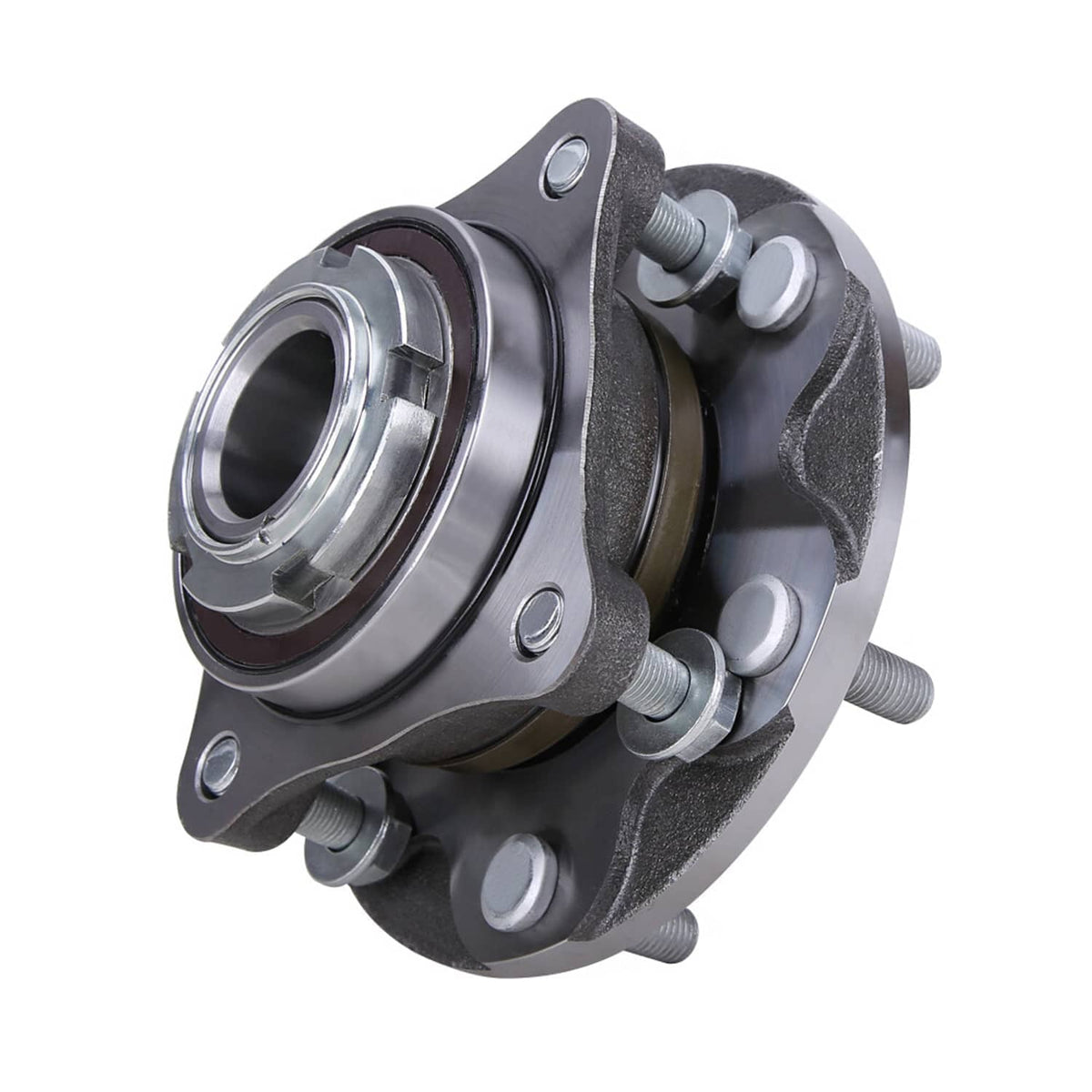 Front wheel bearing and hub assembly, angled view of steel hub and mounting bolts