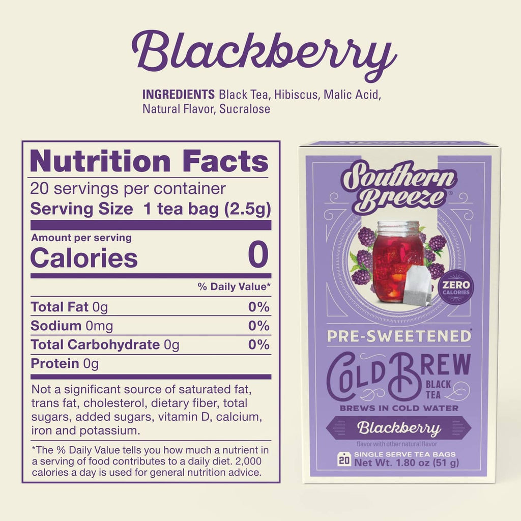 Blackberry cold brew tea box nutrition facts panel, pre-sweetened, 20 single serve tea bags