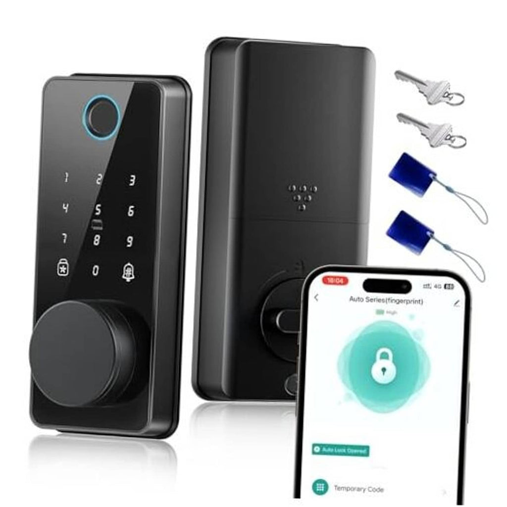 Glossy black smart door lock with keypad and circular fingerprint sensor, keyless entry