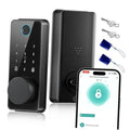 Glossy black smart door lock with keypad and circular fingerprint sensor, keyless entry