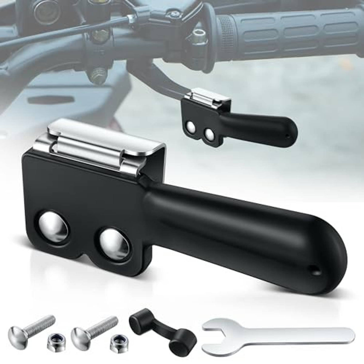 Black ATV thumb throttle extender with silver clamp top and side mounting holes.