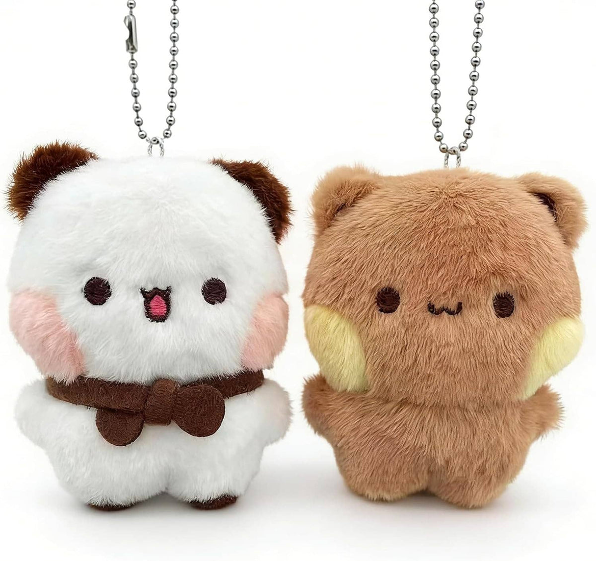 Plush bear keychain set: white bear and tan bear plush faces with beaded chains