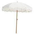 Outdoor patio umbrella with antique white canopy and white fringe, 6.5 ft size.