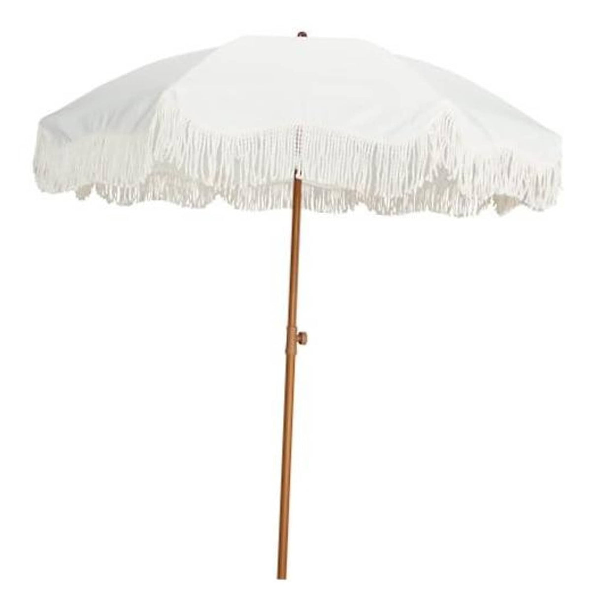 Outdoor patio umbrella with antique white canopy and white fringe, 6.5 ft size.