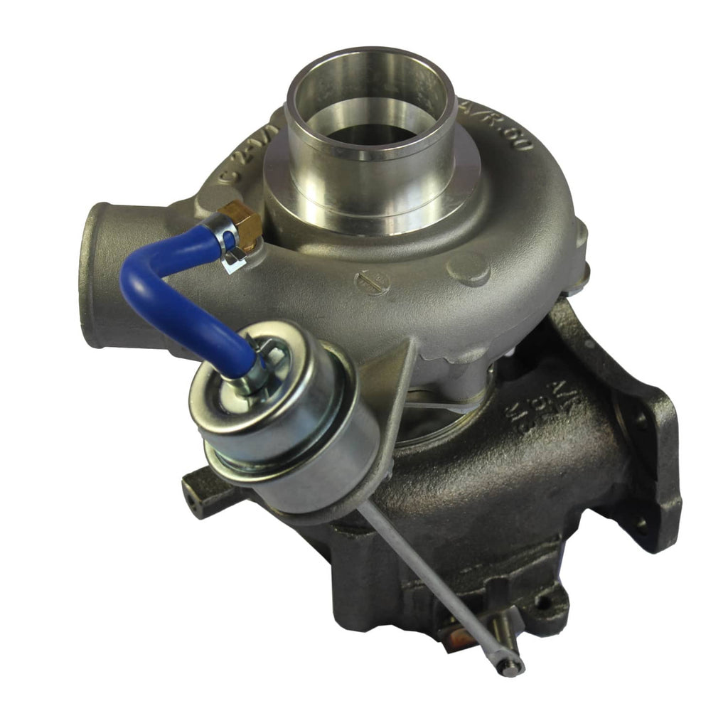 Turbocharger assembly with blue coolant line and circular compressor inlet
