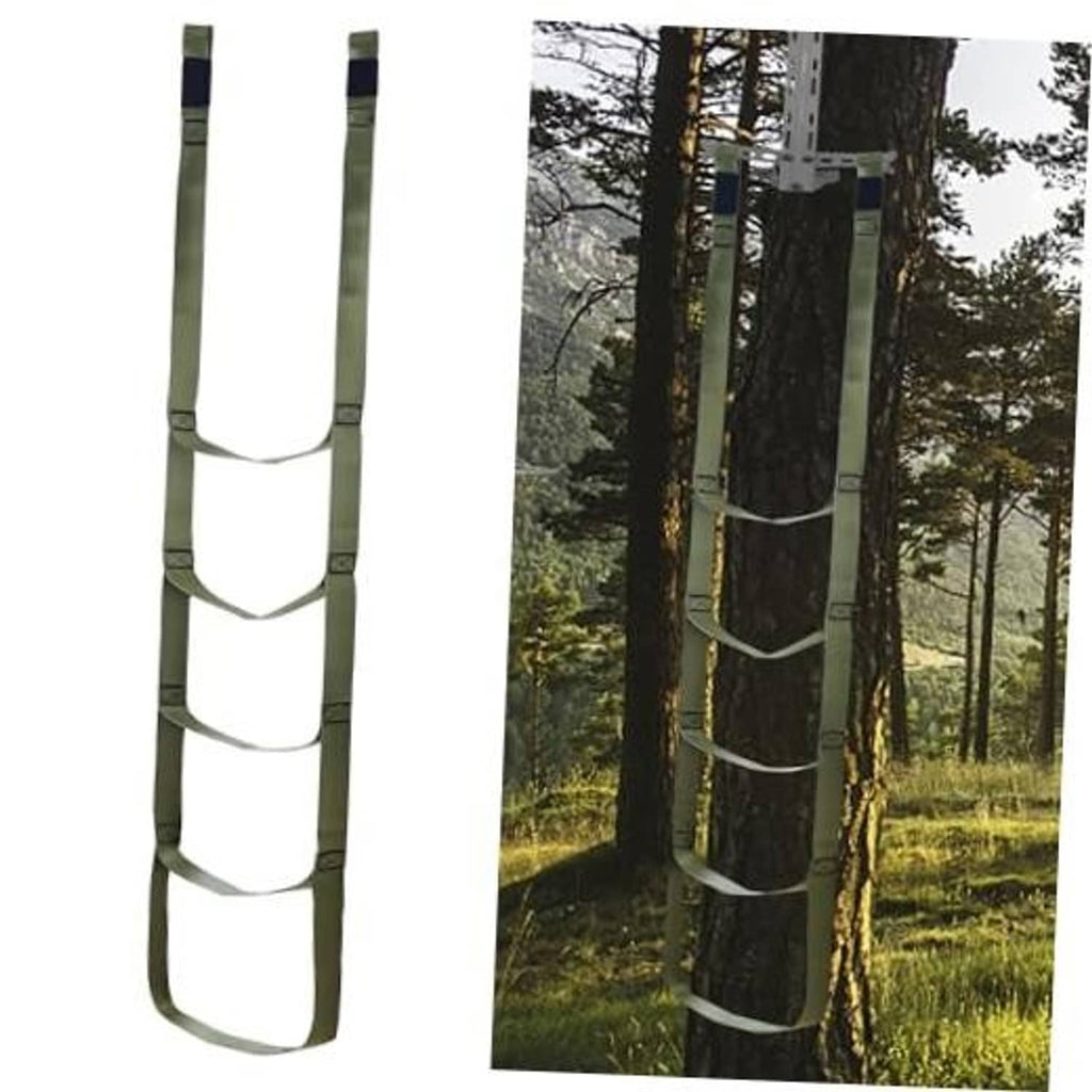 Tree climbing stick aider set with four green webbed steps and ladder-style straps