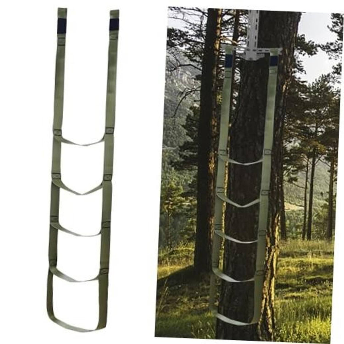 Tree climbing stick aider set with four green webbed steps and ladder-style straps
