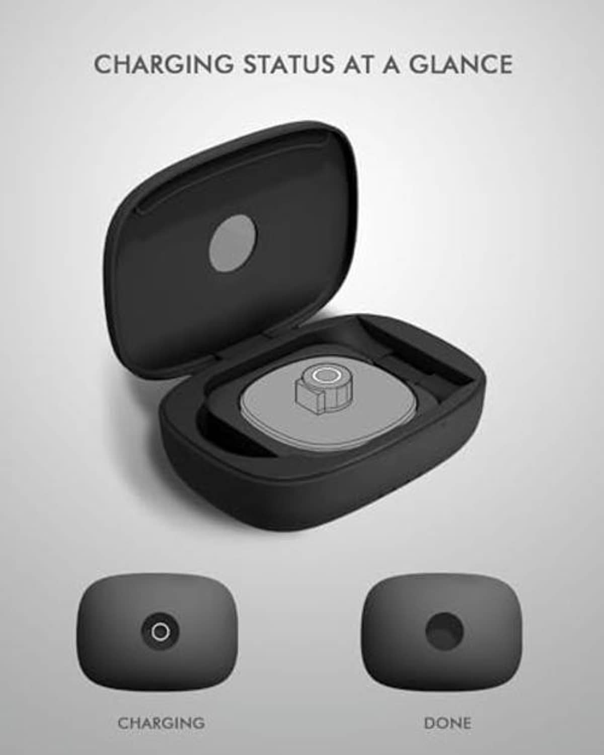 Black charging case open with charging status light and docked earbuds