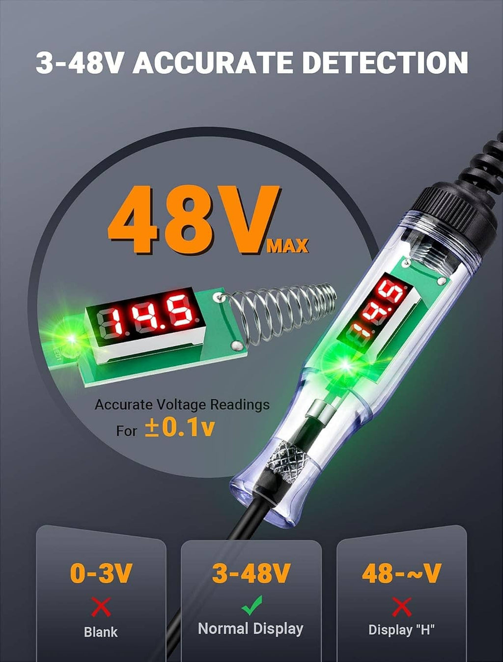 Automotive test light tester with transparent body and 3–48V green/red LED digital readout