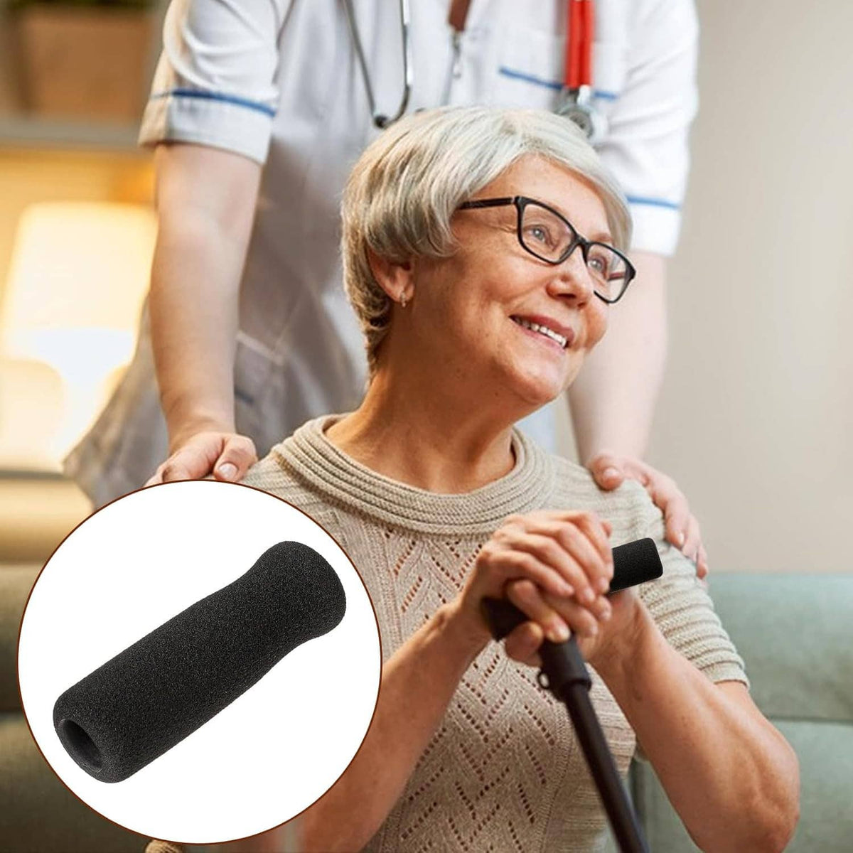 Black foam cane grip sleeve on cane handle, cushioned replacement for seniors