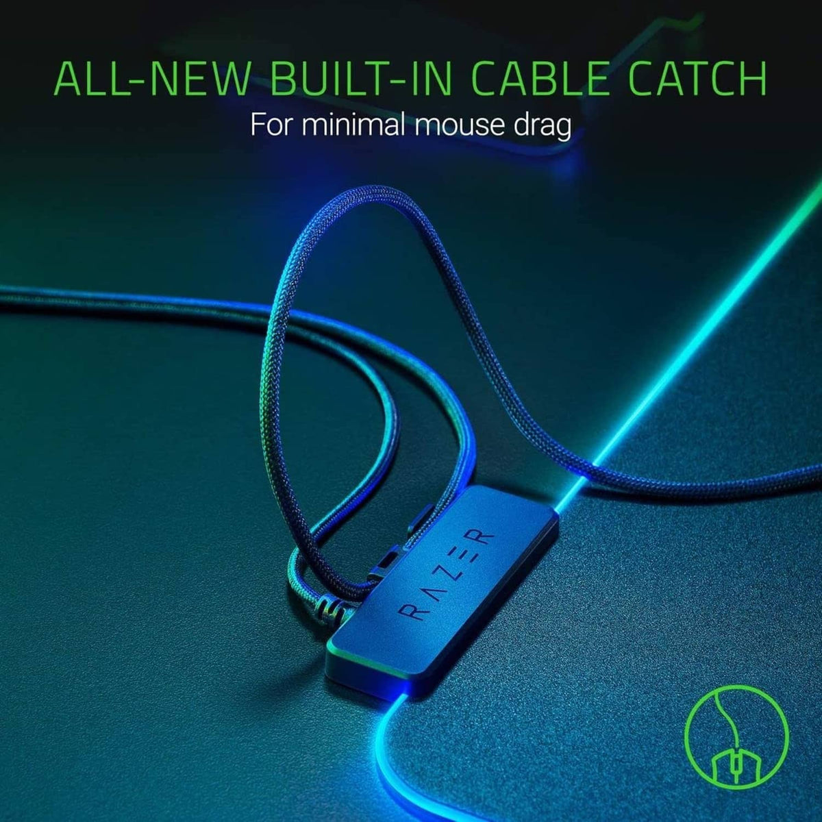 RGB gaming mouse pad with built-in cable catch detail and glowing edge lighting