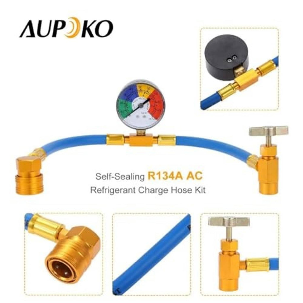 Refrigerant charging hose kit with blue hose, pressure gauge, and gold brass adapter fittings