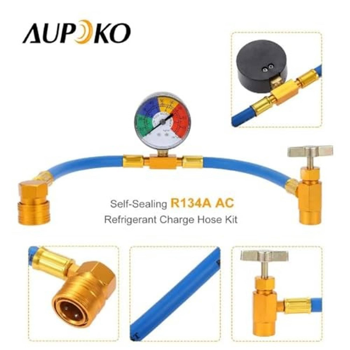 Refrigerant charging hose kit with blue hose, pressure gauge, and gold brass adapter fittings