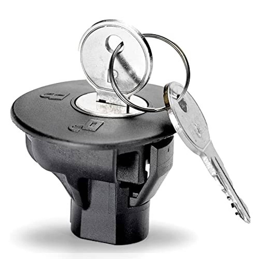 Black locking fuel cap with metal keys on a ring and round lock top