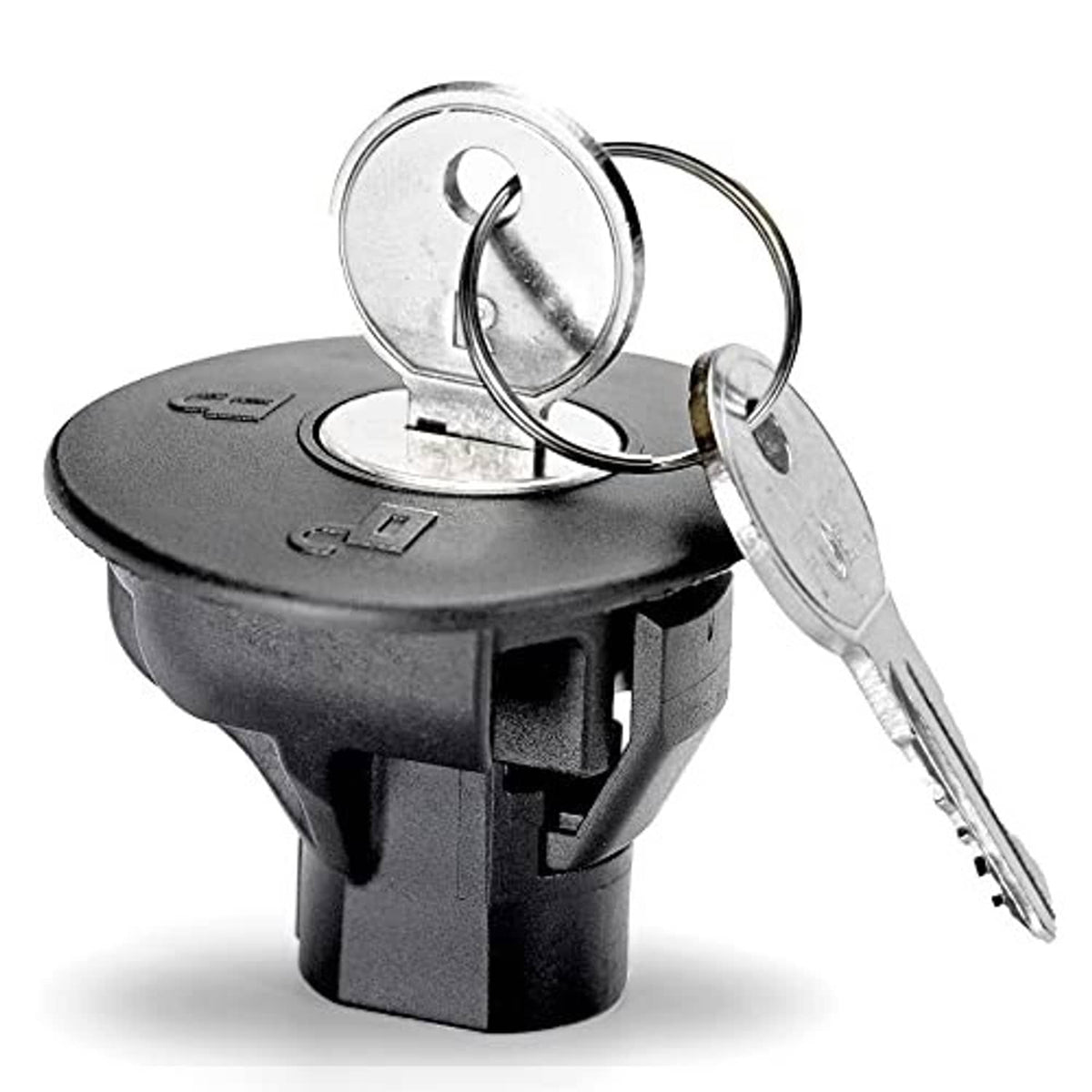 Black locking fuel cap with metal keys on a ring and round lock top