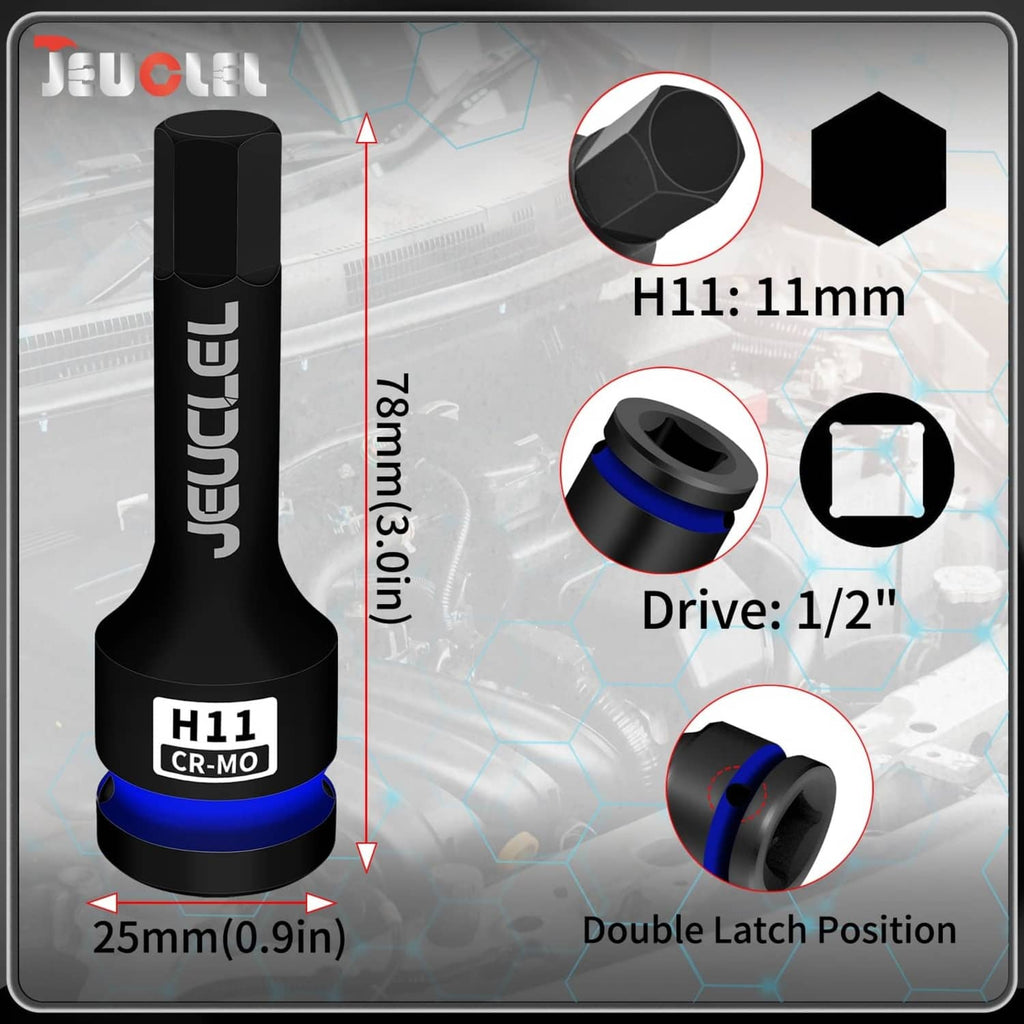 H11 11mm hex socket bit, 1/2-inch drive, black with blue ring and double-latch area