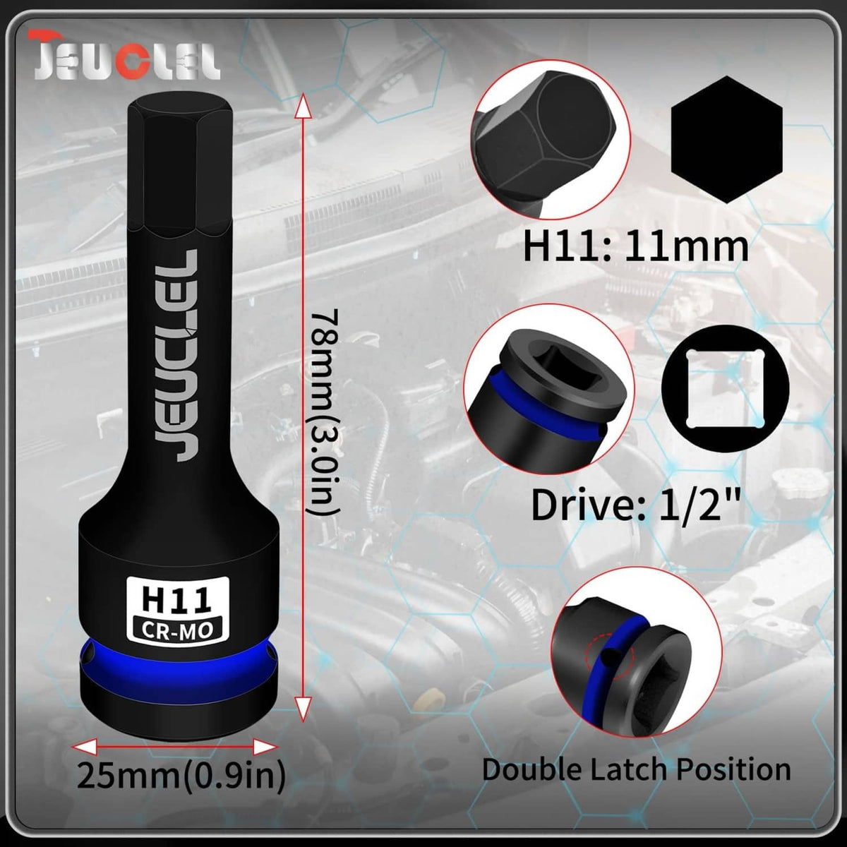 H11 11mm hex socket bit, 1/2-inch drive, black with blue ring and double-latch area