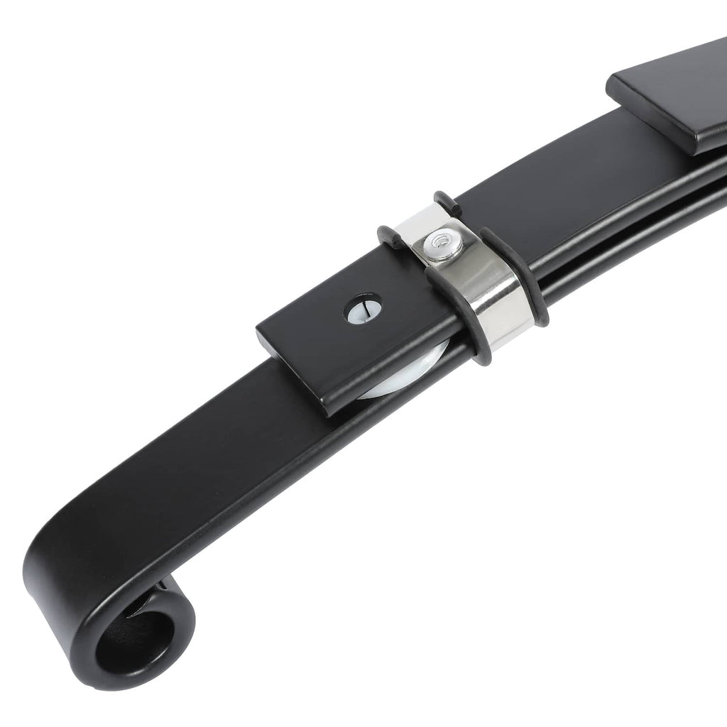 Black leaf spring end with round bushing, metal clamp, and mounting hole