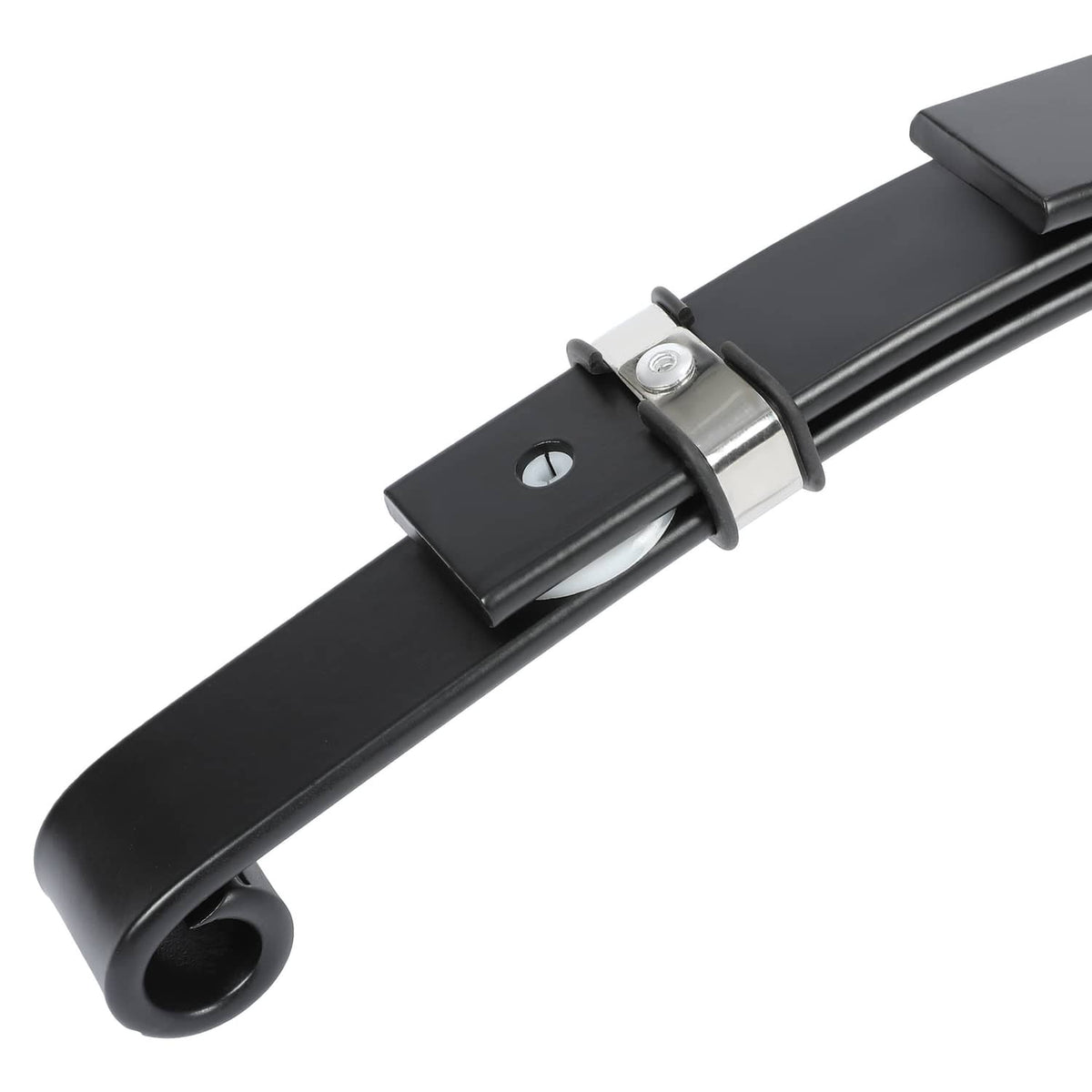 Black leaf spring end with round bushing, metal clamp, and mounting hole