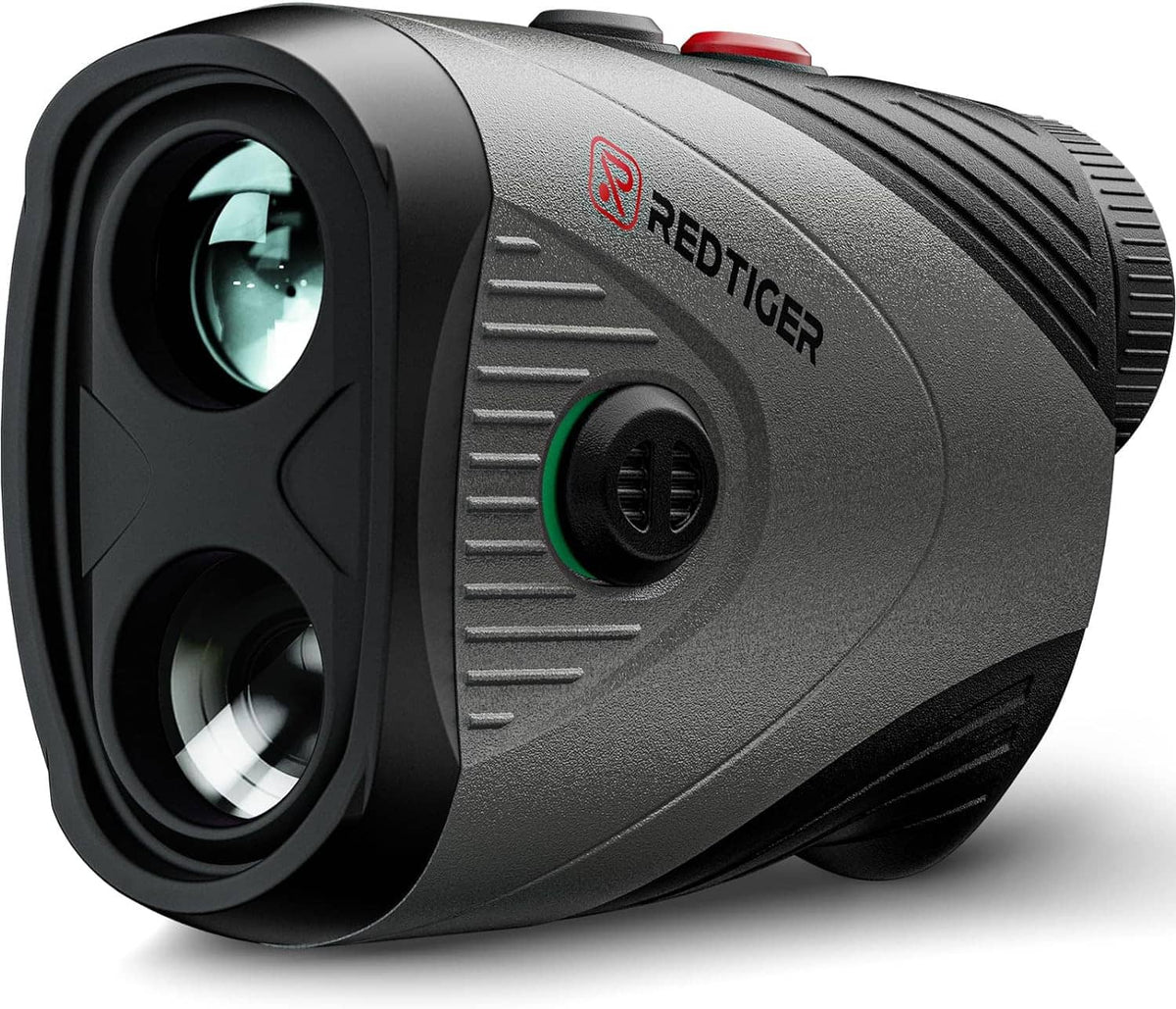 REDTIGER black handheld laser golf rangefinder with green-ring focus dial and textured grip