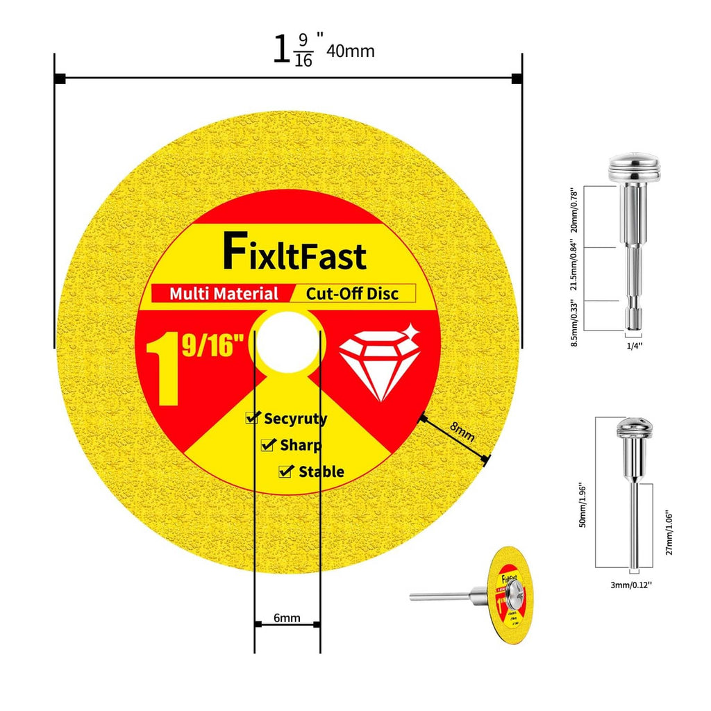 Yellow 9/16-inch cut-off disc with red center label, size diagram and mandrel