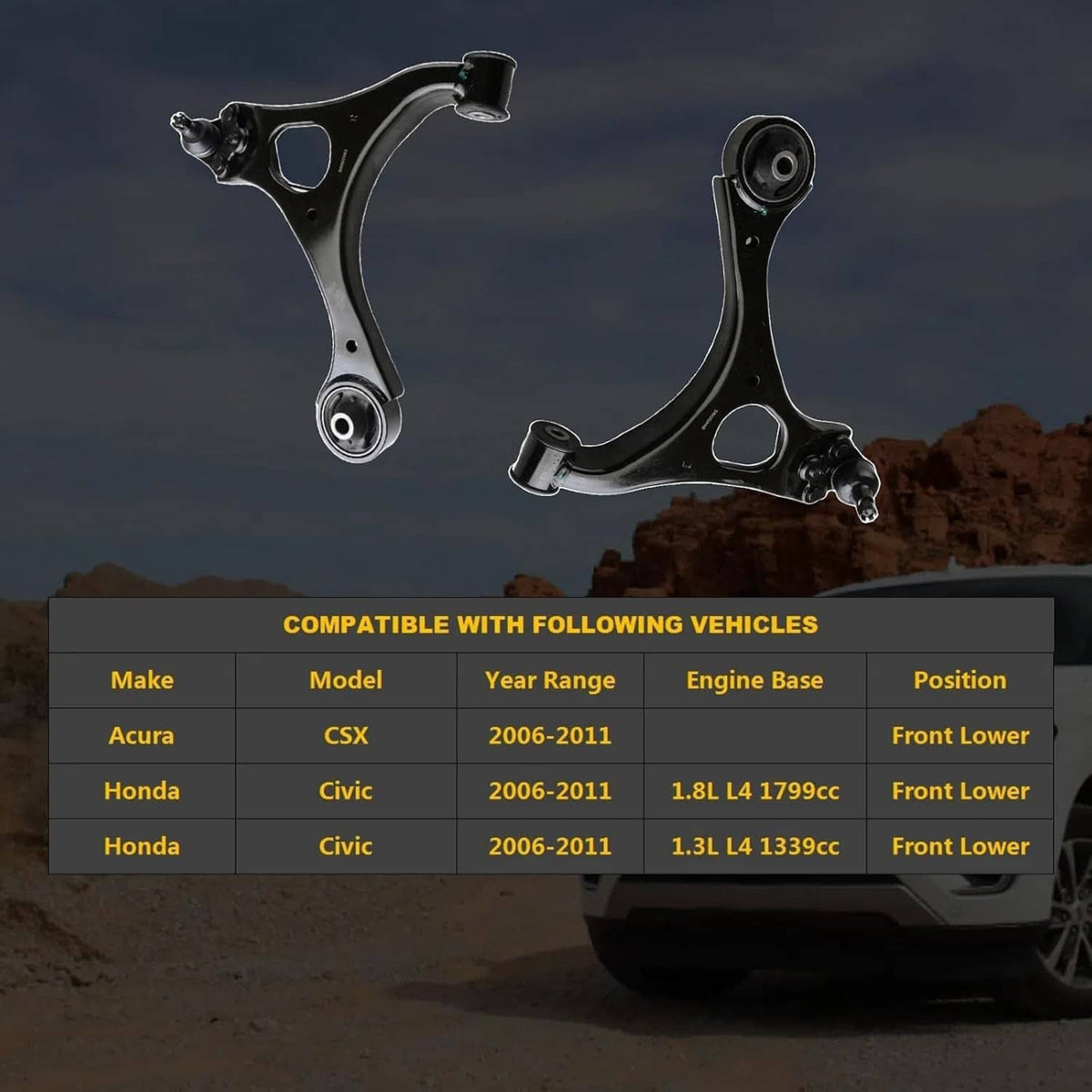 Black front lower control arm set with ball joints, two arms shown