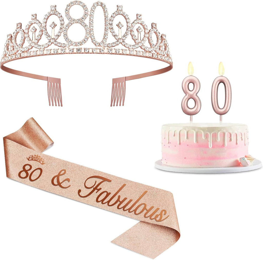 Rose gold 80th tiara and matching glitter sash with two 80 number candles on cake