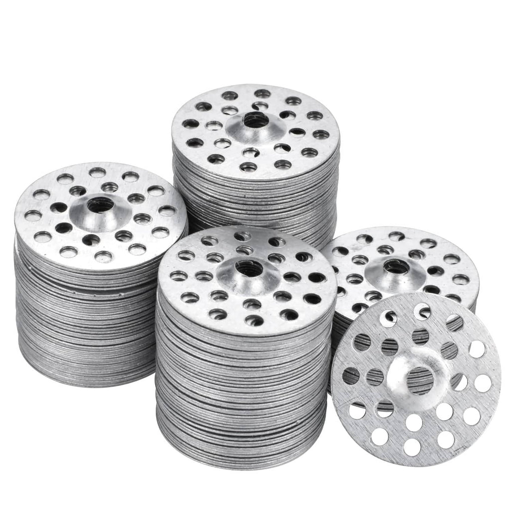 Metal plaster washers, round with center hole and many small perimeter holes; stacked set