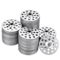 Metal plaster washers, round with center hole and many small perimeter holes; stacked set