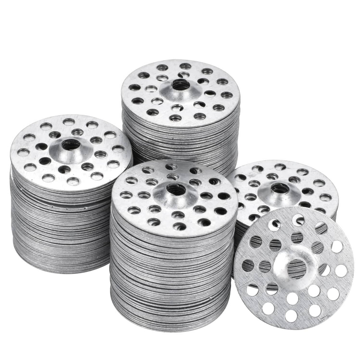 Metal plaster washers, round with center hole and many small perimeter holes; stacked set