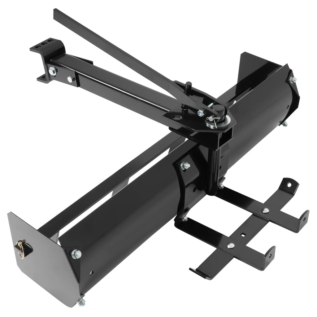 Black steel box scraper blade with adjustable bracket and pivot hardware, side view