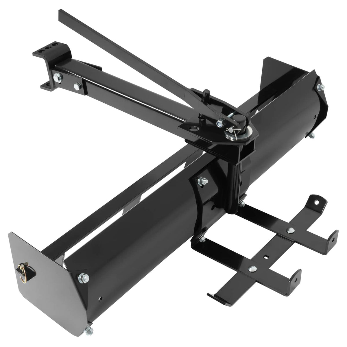 Black steel box scraper blade with adjustable bracket and pivot hardware, side view