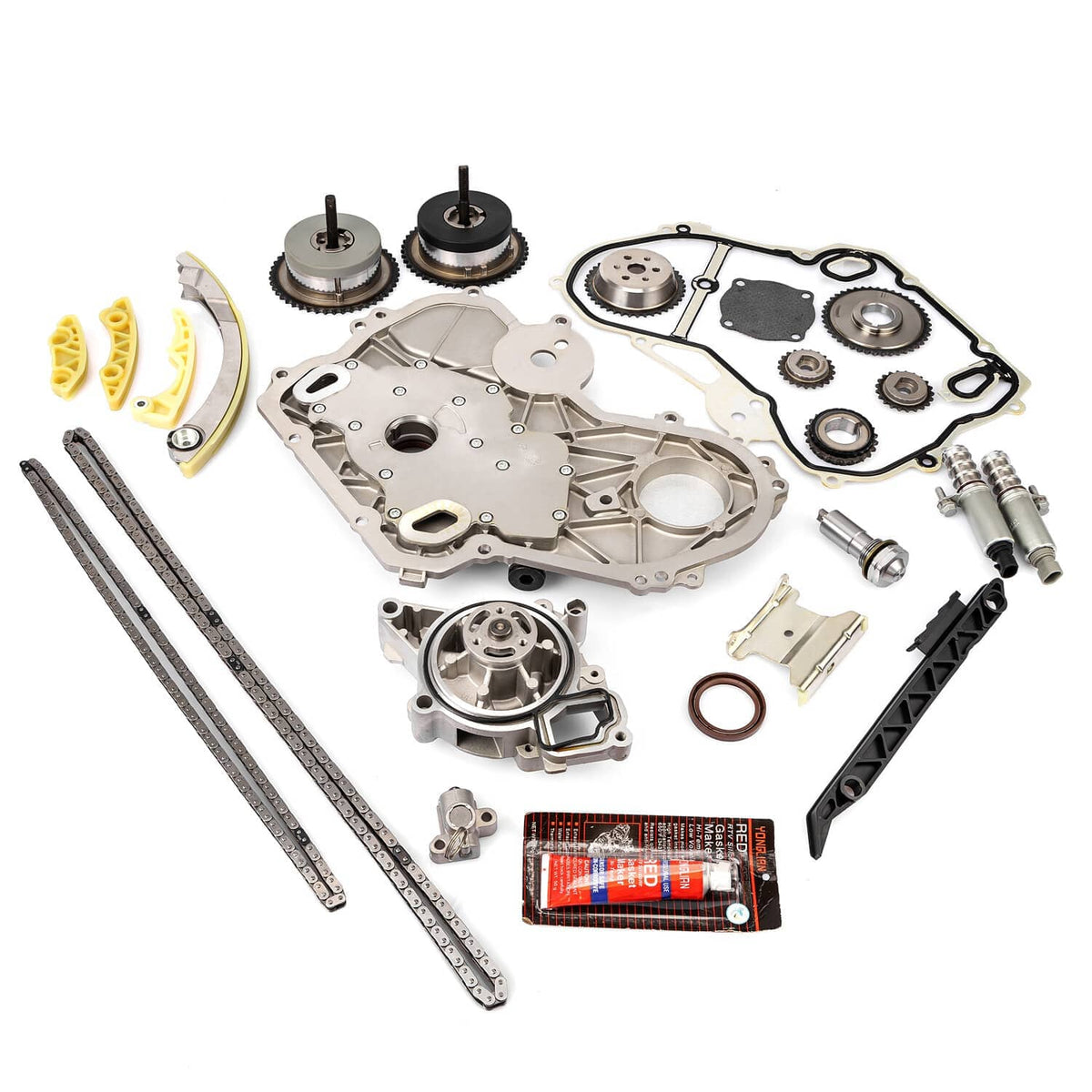 Timing chain kit with water pump parts set, sprockets, chains, gears, seals, and tools